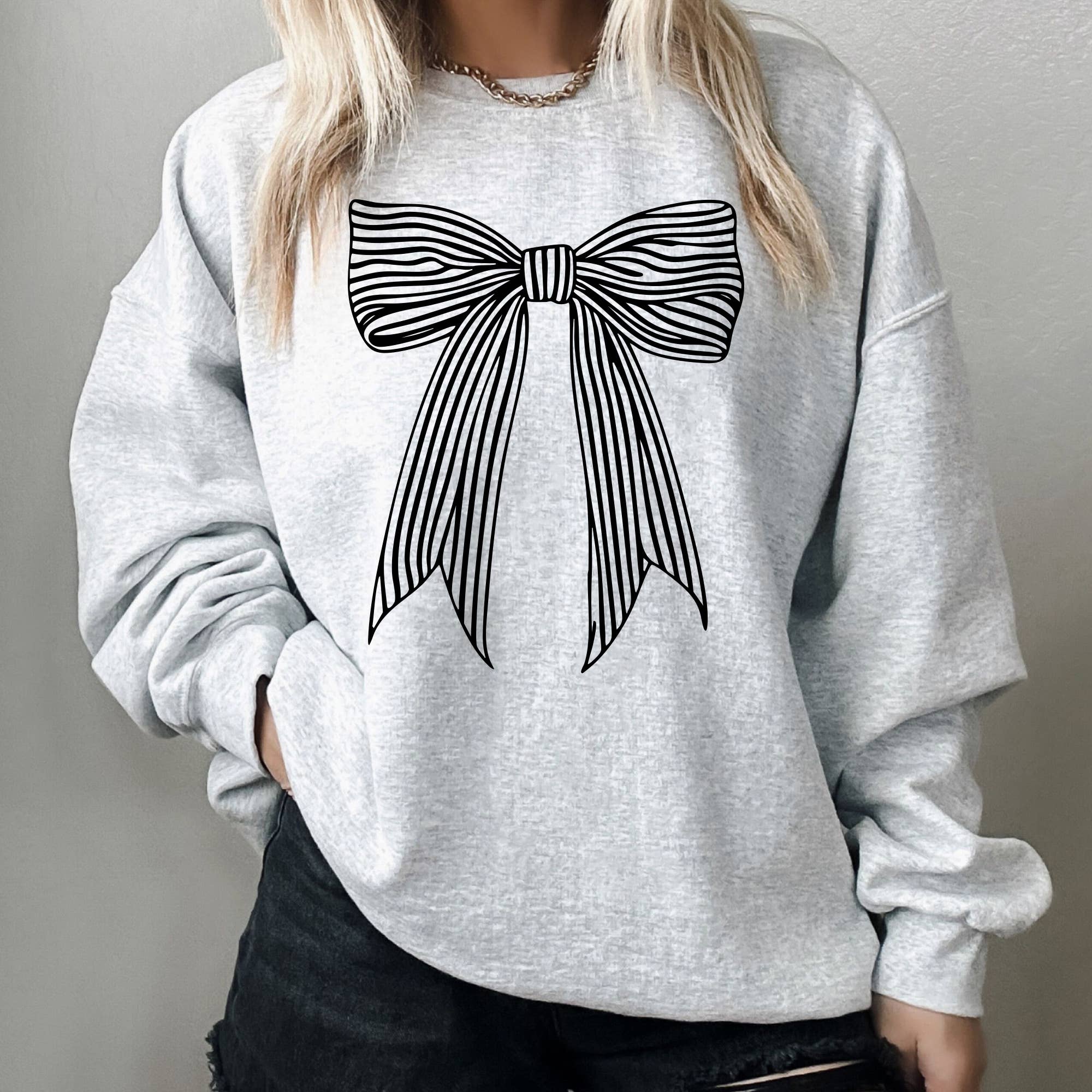 Mugsby - Wholesale Graphic Sweatshirt - Women's - Coquette Bow Sweatshirt, Black Stripe Bow Sweatshirt, Cute1