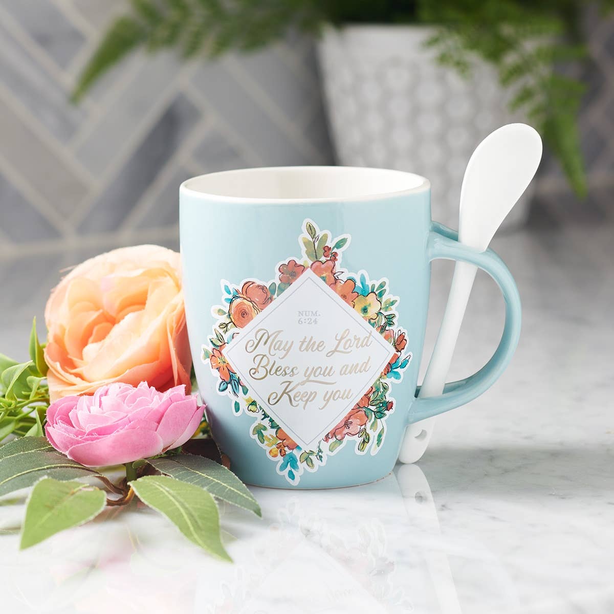 Christian Art Gifts - Wholesale Coffee Mug - Bless You and Keep You Teal Ceramic Coffee Mug with Spoon -4