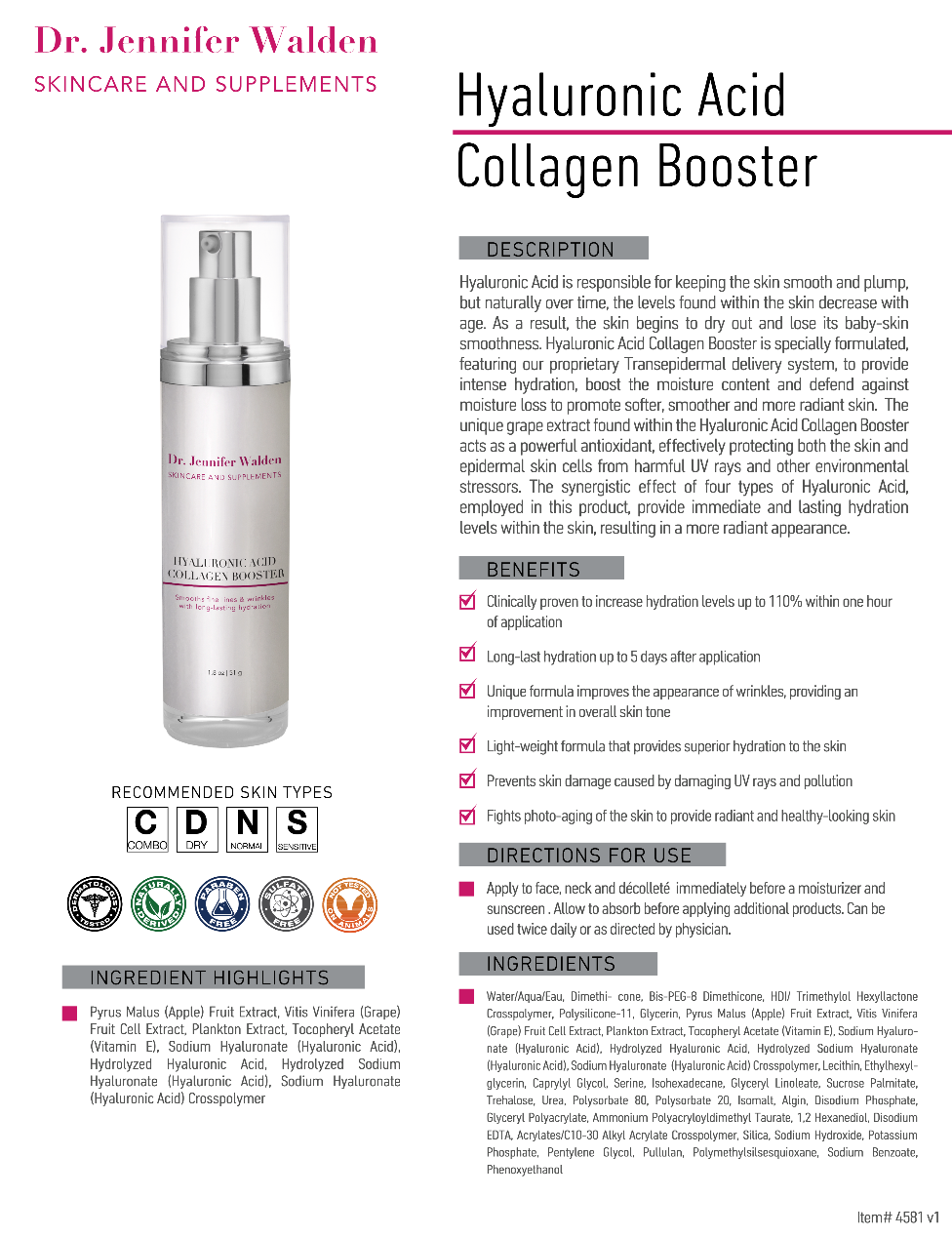 Dr. Jennifer Walden Skincare & Supplements - Wholesale Facial Serum/Concentrate - HYALURONIC ACID COLLAGEN BOOSTER2