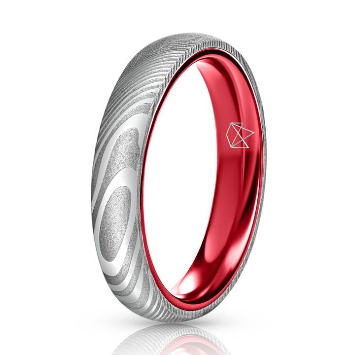 Wood Grain Damascus Steel Ring - Resilient Red - 4MM for wholesale by EMBR