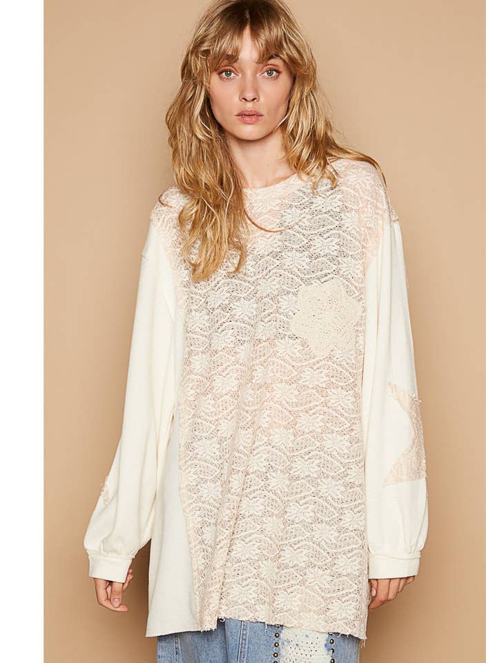 Round neck long sleeve crochet patches solid top SALE for wholesale by Pol Clothing