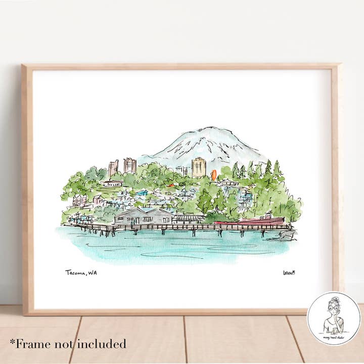 Tacoma, Washington - Skyline. Art Print for wholesale by Messy Heart Studio
