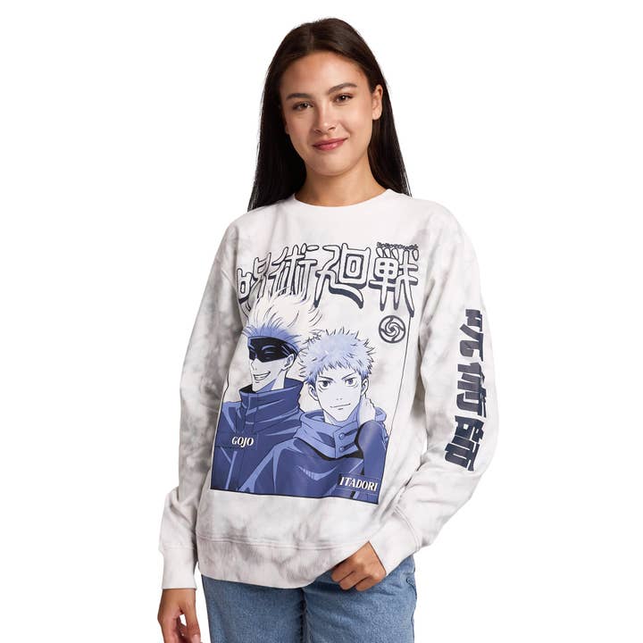 Jujutsu Kaisen Gojo & Itadori Kanji Women’s White Cloud Wash Crew Neck Long Sleeve Fleece Sweatshirt for wholesale by Bioworld Merchandising