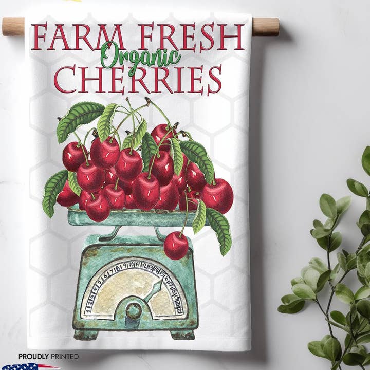 Modern Farm Fresh Cherries Farmhouse Kitchen Dish Towel for wholesale by ADDLE iNK