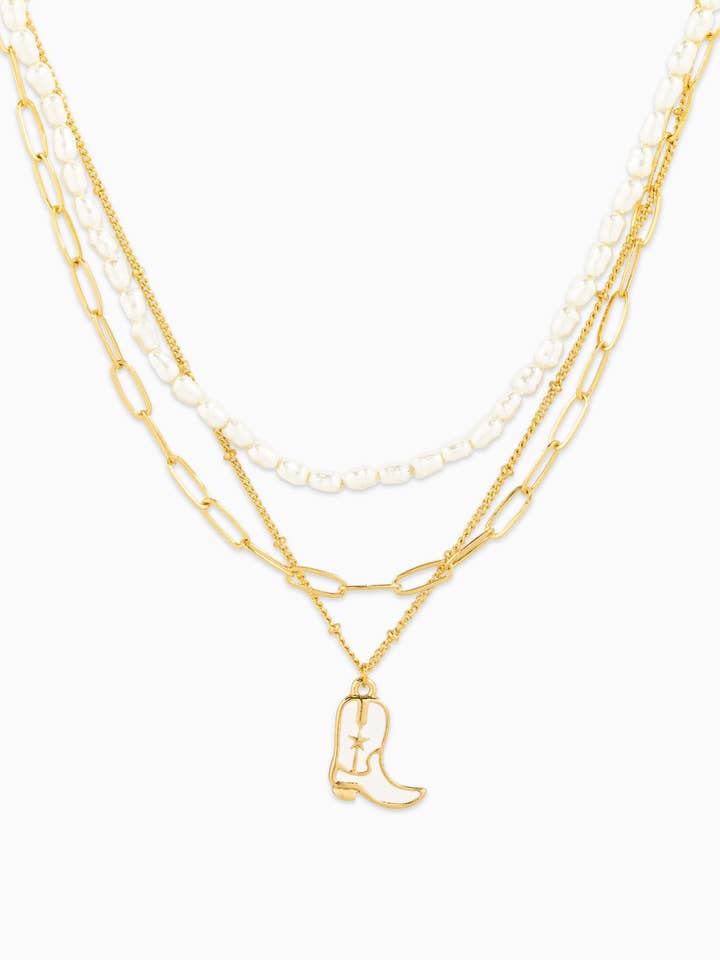 White Cowboy Boot Pendant with Pearl Bead Layered Necklace for wholesale by Sessori
