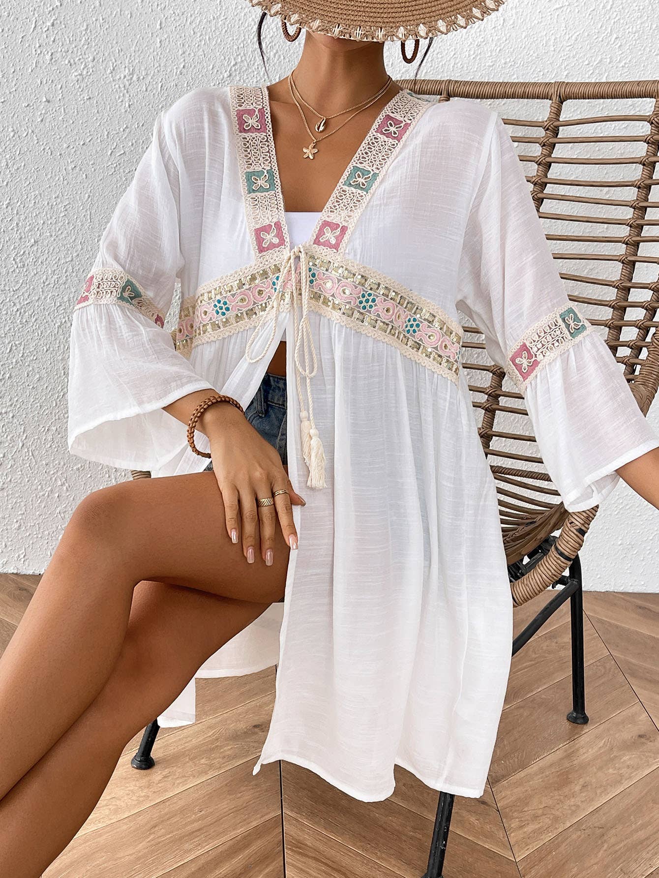 Rosa Clothing - Vente Cache-maillot – femme - Cache-maillot de plage en dentelle brodée patchwork3