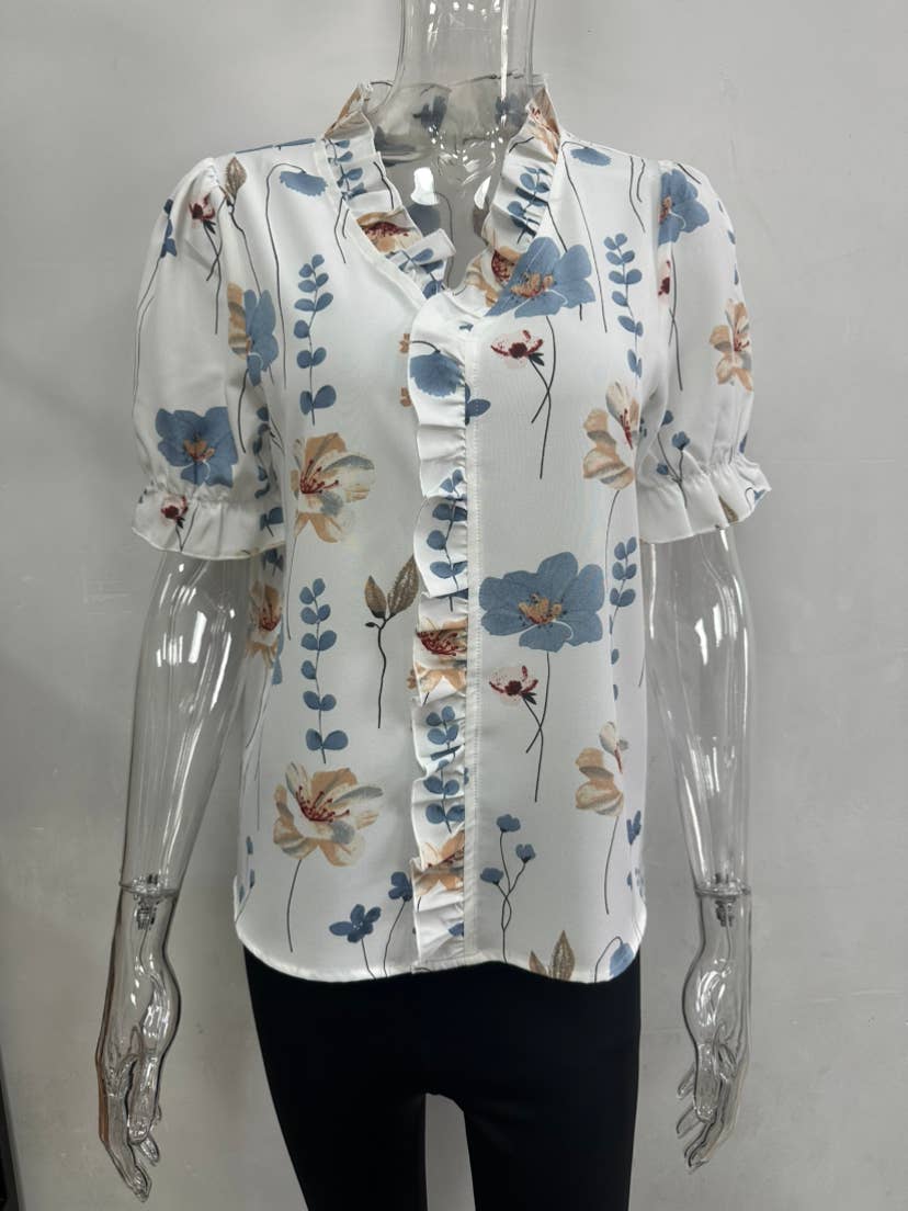 White Ruffled V-Neck Floral Printed Puff Sleeve Blouse GSS127 for wholesale on Faire4