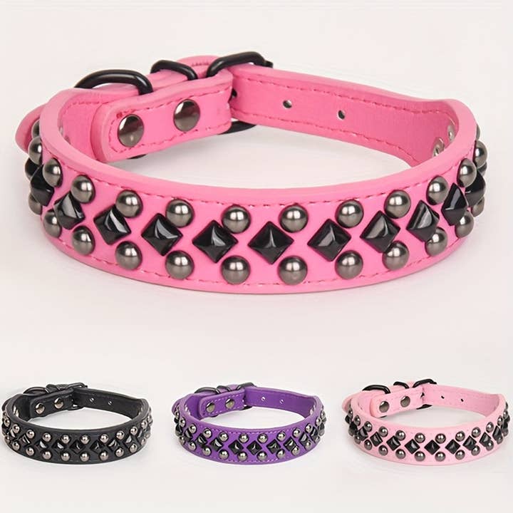 DIYSTORE - Wholesale Pet Collar - Dog - CP037 Studded Faux Leather Dog Collar with Bite-Resistant Rivets, Adjustable Basic Collar with Round and Square Studs for Neck Protection - For Medium to Large Dogs - Durable & Stylish - Perfect Gift for Dog Owners