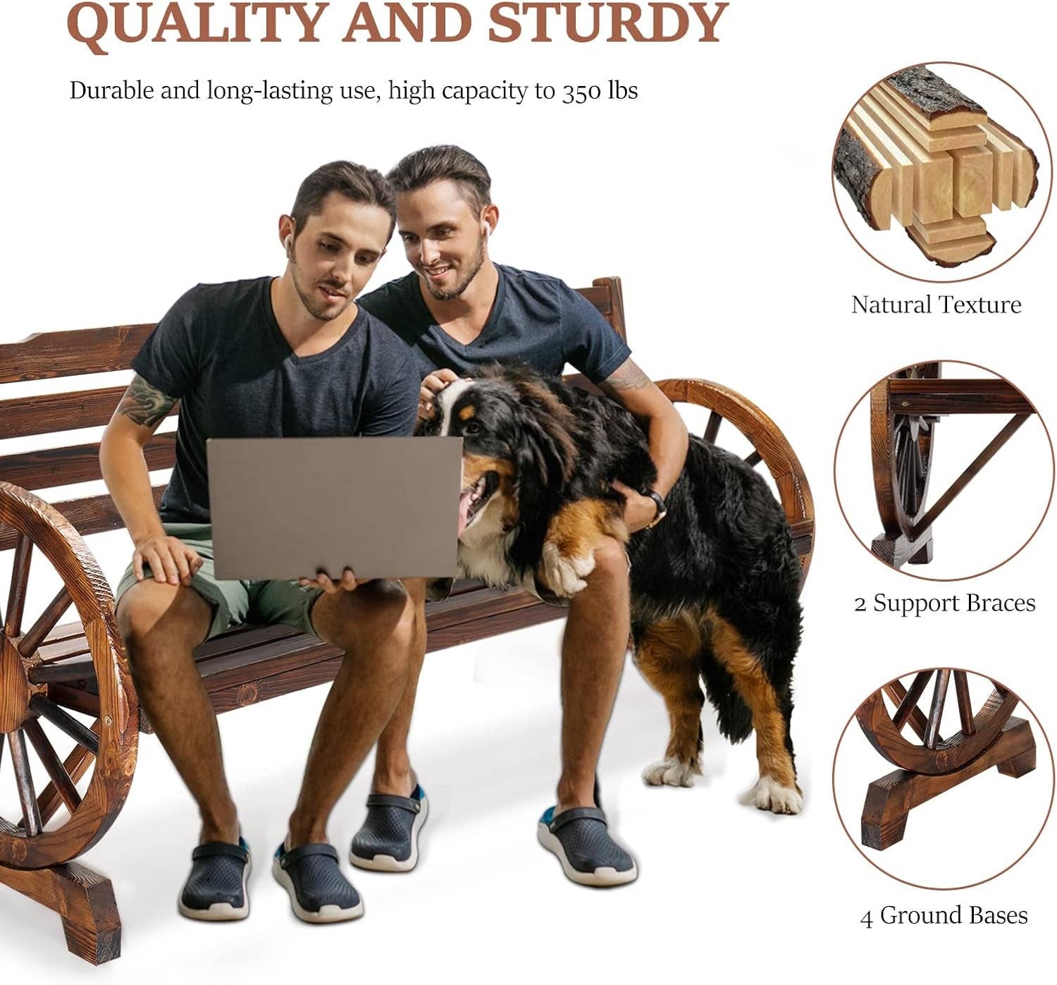 Rustic Wooden Garden Bench with Wagon Wheel Arms for wholesale on Faire4