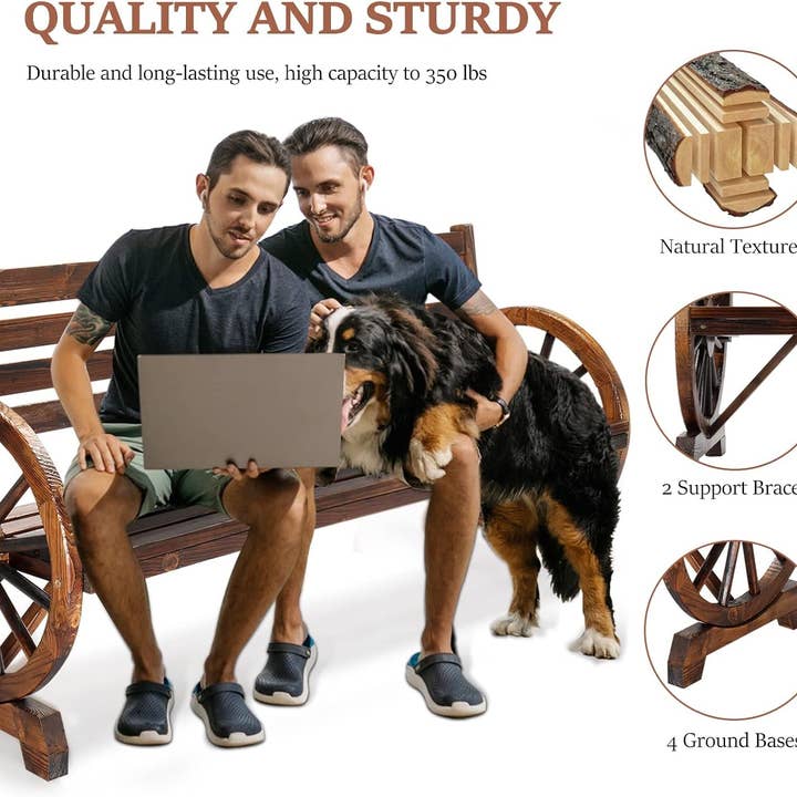 Rustic Wooden Garden Bench with Wagon Wheel Arms for wholesale on Faire4