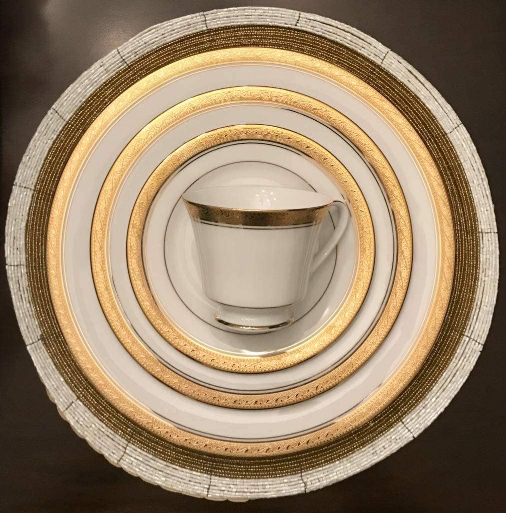 White Gold Handmade Beaded Placemats Round Dining Set of 4 for wholesale on Faire9