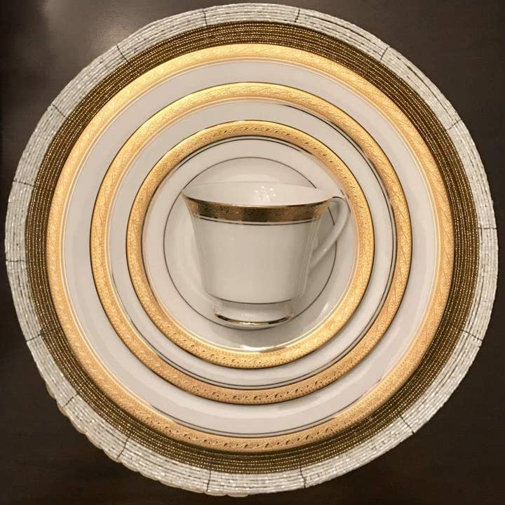 White Gold Handmade Beaded Placemats Round Dining Set of 4 for wholesale on Faire9