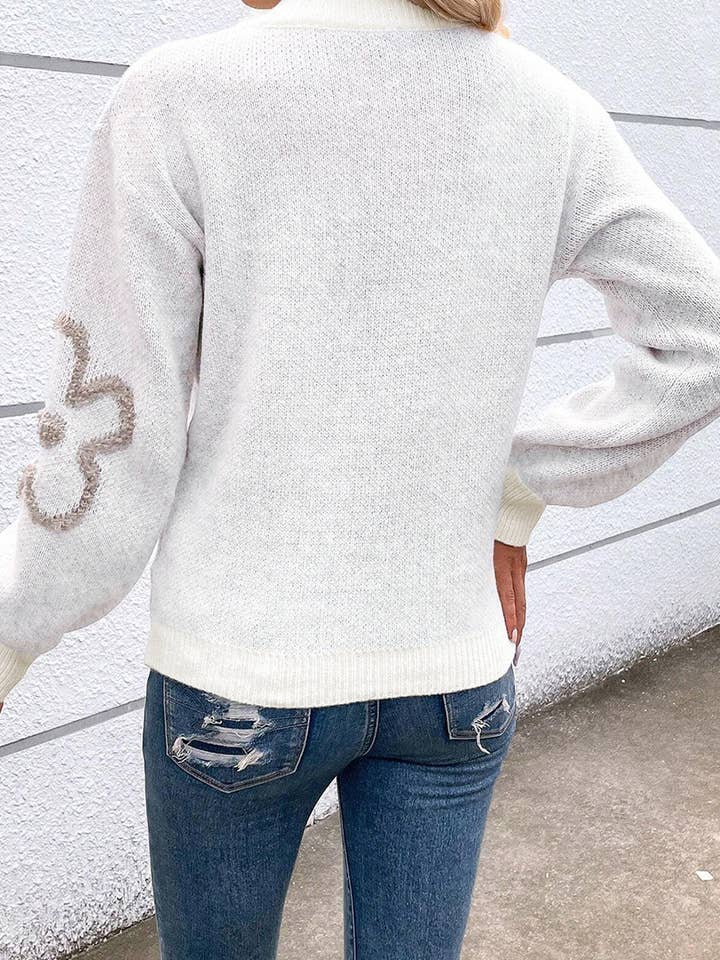 FULL TIME PURCHASE - Wholesale Knit Sweater - Women's - Contrast Flower Half Zipper Stand Neck Sweater