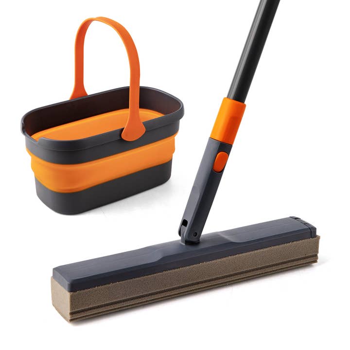 Sponge Mop Kit And Collapsible Bucket, Mop And Bucket For Floor Cleaning, Hands Free Home Floor Cleaning, Floor Cleaning System Black Orange Plastic for wholesale by Orange County Decor