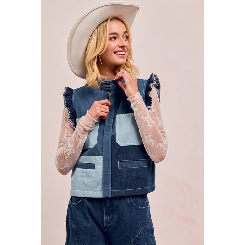 Washed Denim Vest With Block And Shirring Details for wholesale on Faire2