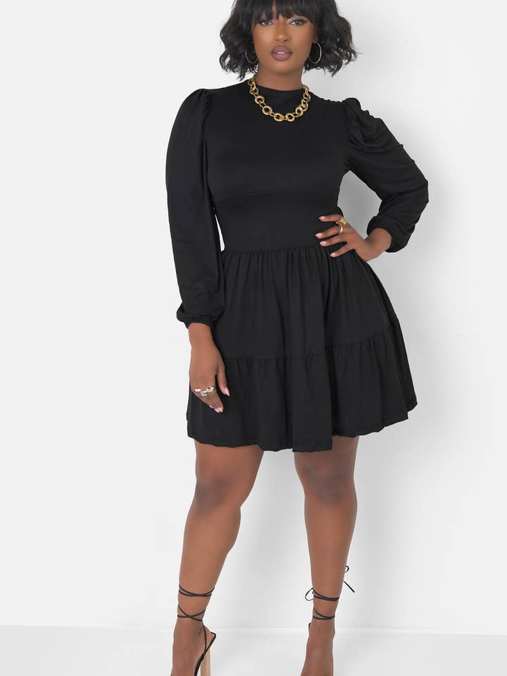 Black Time & Time Again Oversized Sleeve Skater Mini Dress for wholesale on Faire4