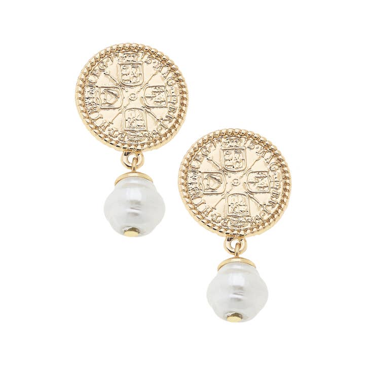 Contessa Coin Pearl Drop Earrings in Shiny Gold for wholesale by Canvas Style