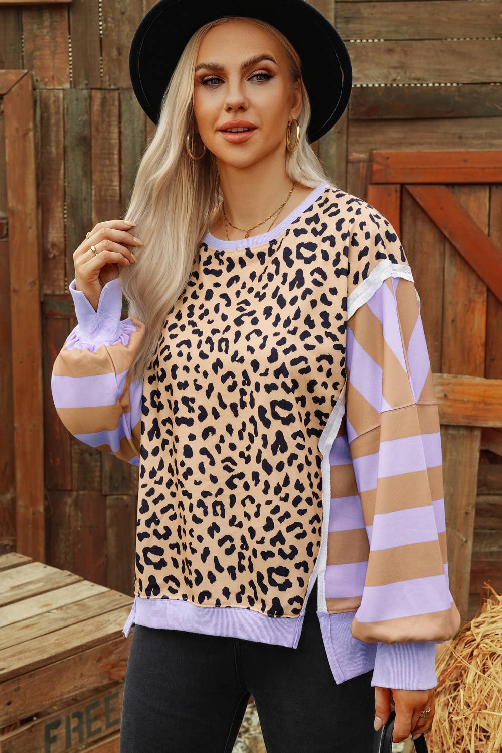 fashionworks - Wholesale Sweatshirt - Women's - Stripe Leopard Striped Color Block Side Slits Sweatshirt6