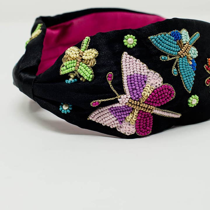 Black Headband With Embroidered Butterflies and Flowers for wholesale on Faire1