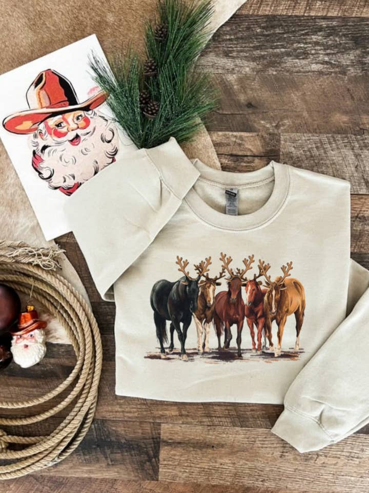 The Fringed Pineapple - Wholesale Graphic Sweatshirt - Women's - Reindeer Horses Tee or Sweatshirt(Sand) 0