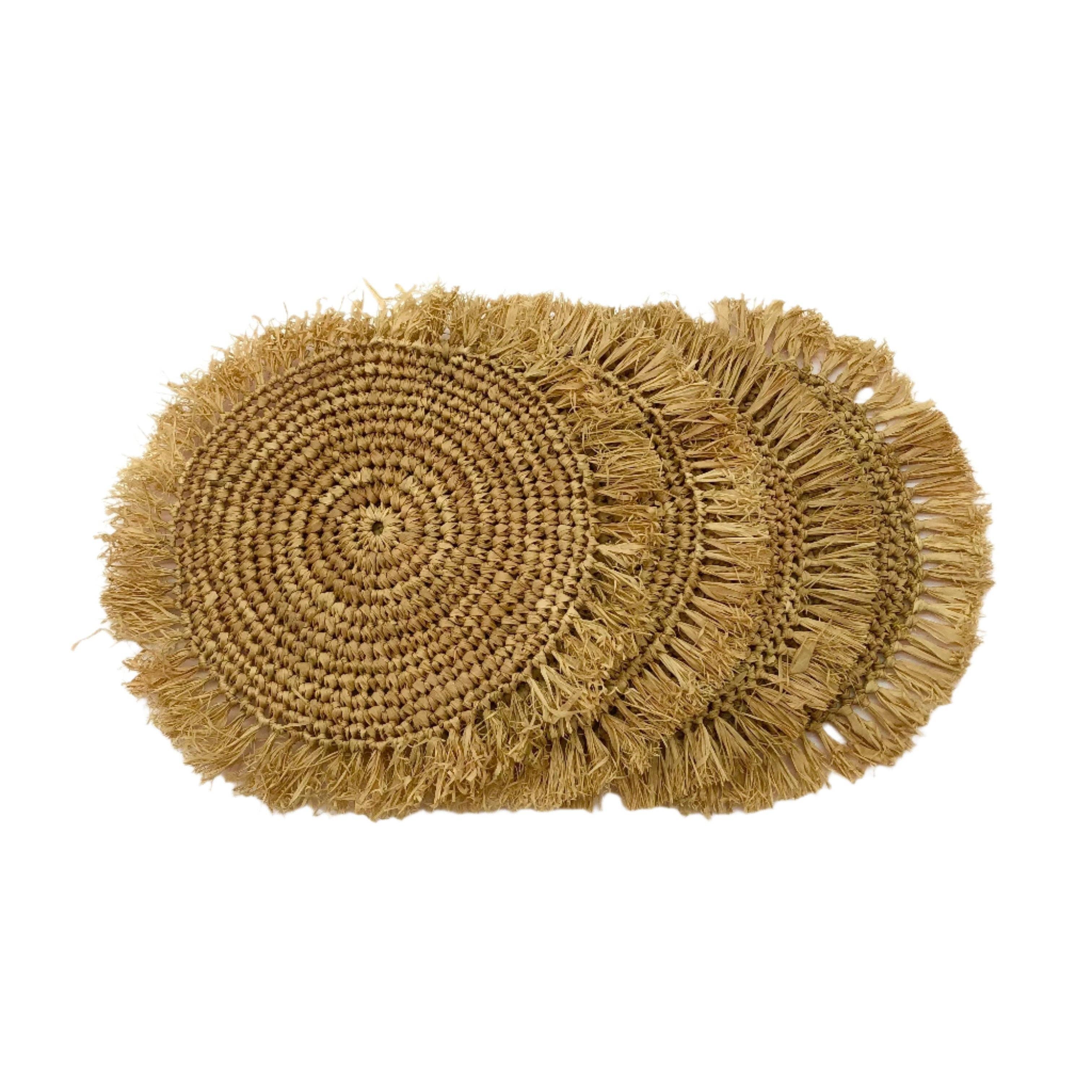 Shebobo - Vente Sous-verre - Sets de sous-verres en raphia crocheté rond Imani avec bordure à franges.1