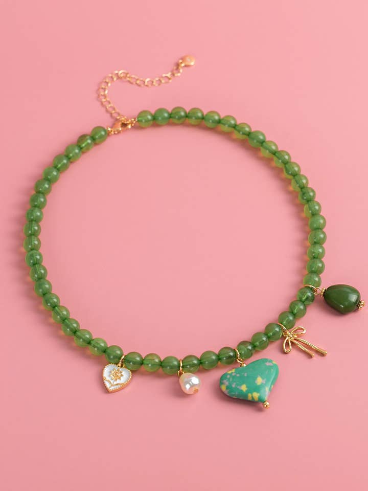 Green Jade Marbled Heart Bead Necklace for wholesale by Sessori