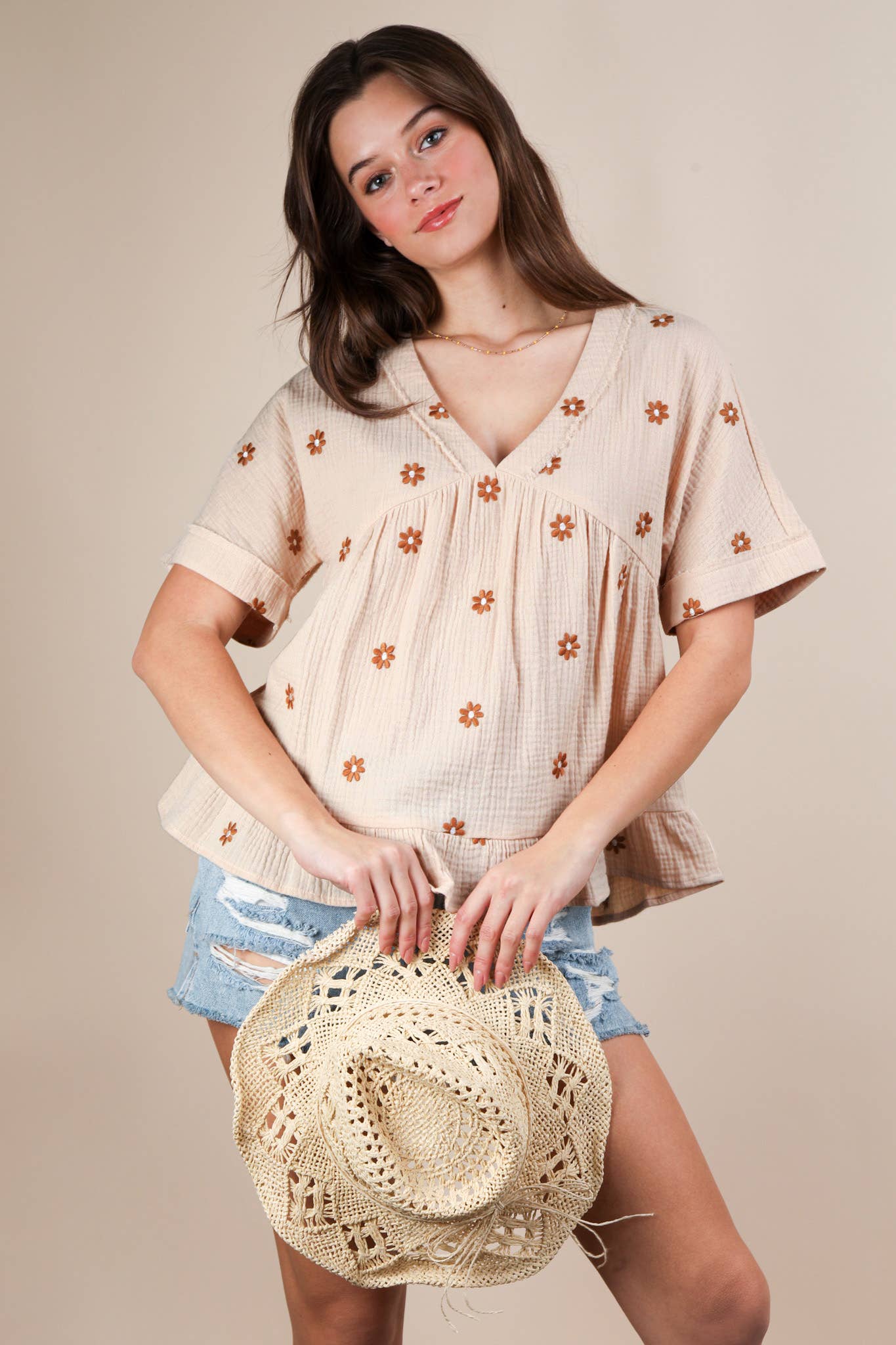 VERY J - Wholesale Blouse - Women's - NT12065-Flower Embroidered Woven Blouse Top21
