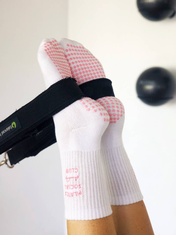 White Pilates Social Club Grip Crew Socks for wholesale on Faire8