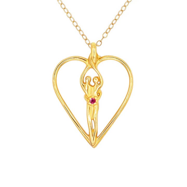 Large Soulmate Heart Necklace, .925 Genuine Sterling Silver with 14kt. Gold overlay, 18" Chain, Charm 1 ½" by 1 ¼", Ruby Cubic Zirconia for wholesale by Symbol of Love Jewelry