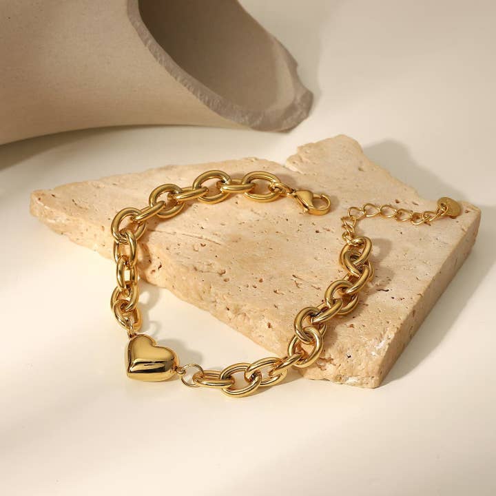 Gold STAINLESS STEEL TARNISH FREE CHUNKY HEART BRACELET | 40B119 for wholesale on Faire
