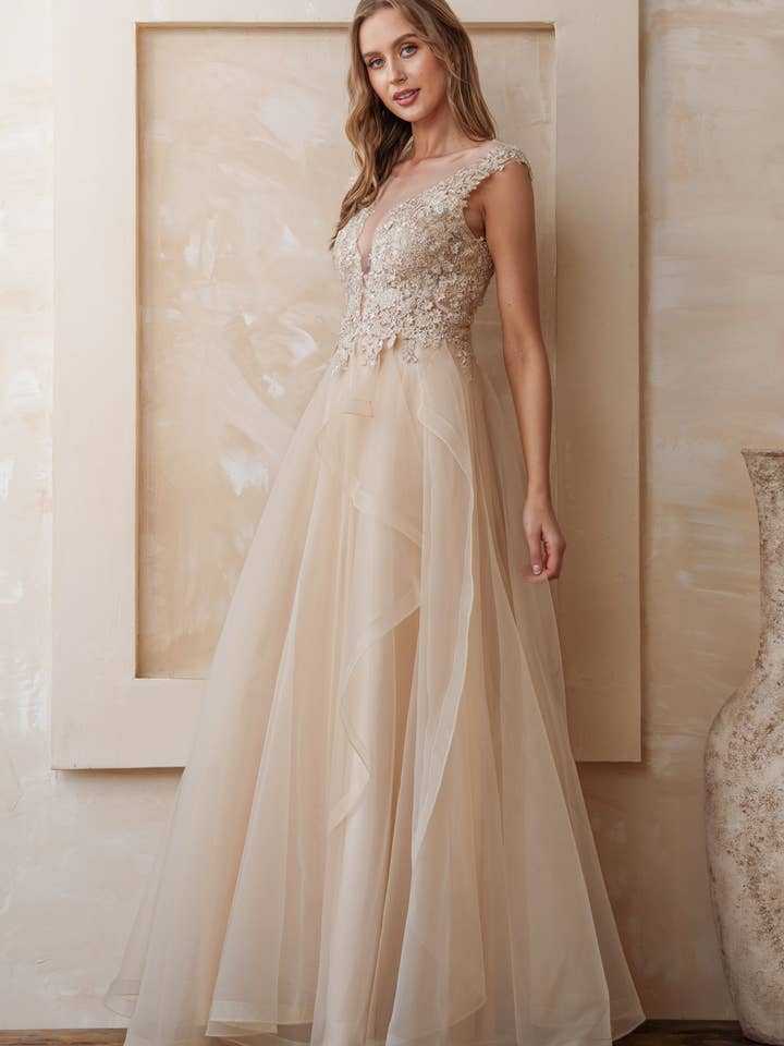 Rosemore Couture - Wholesale Gown - Women's - FLORAL EMBROIDERED TULLE MESH MAXI