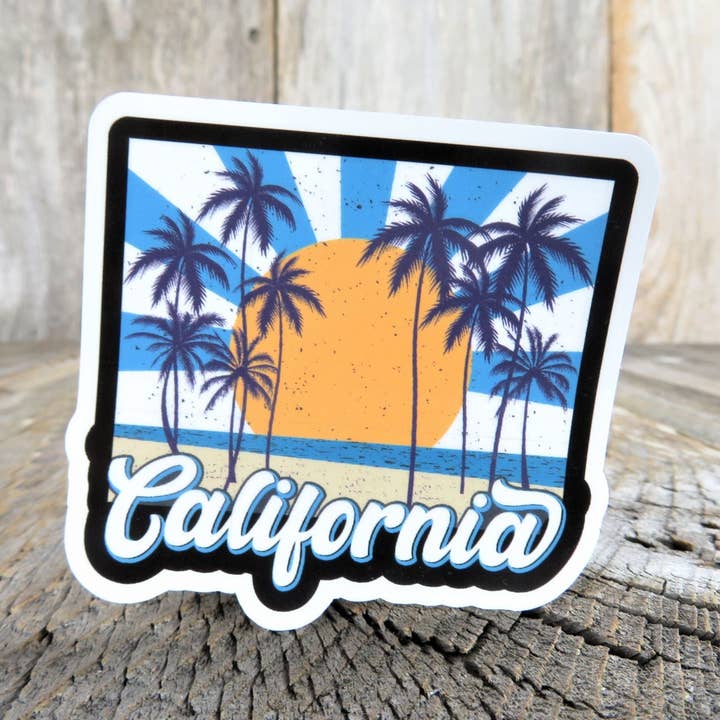 California Beach Sticker Summer Lovers Surfers Palm Trees Waterproof Travel Souvenir Water Bottle Laptop for wholesale by Kirk's Krafts