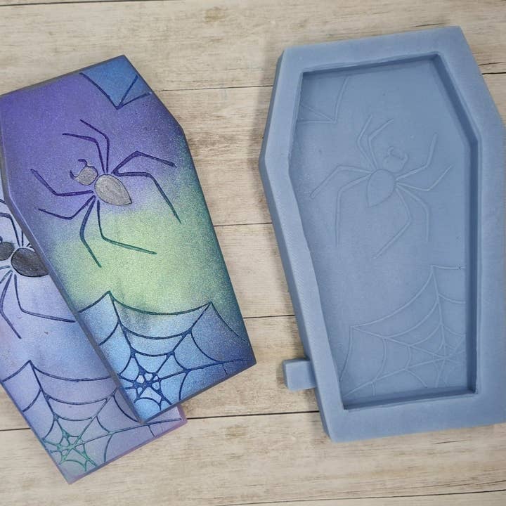 The Mould King – wholesale Craft supplies – Halloween Spider Web Coffin Shaped Wax Melt Snap Bar Mould1