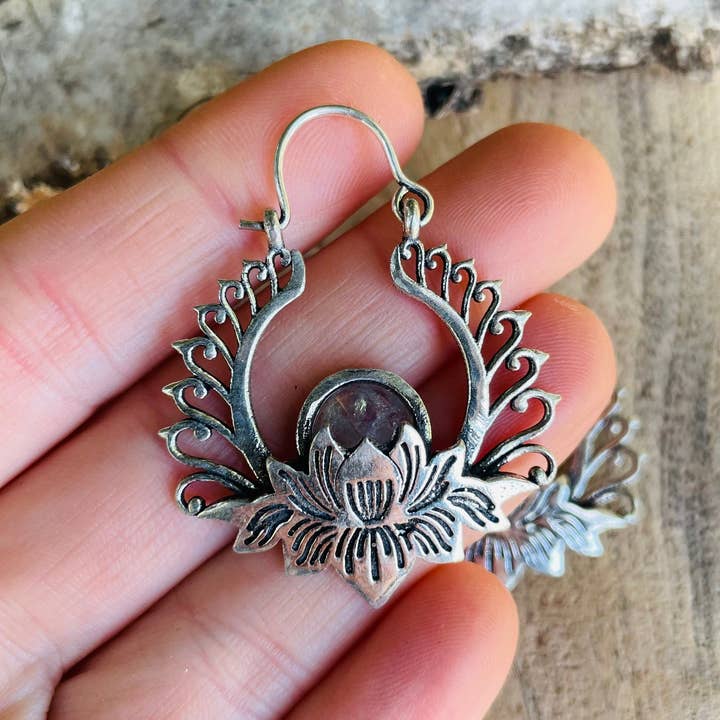 Kaali Boutique - Wholesale Hoop Earrings - Silver Lotus Flower Moonstone Earrings rustic, yoga, hippie, gypsy, pretty, psy, boho, bohemian, festival5