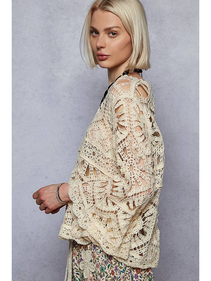 Pol Clothing - Wholesale Knit Top - Women's - Round Neck 3/4 Sleeve Crochet Cropped Top9