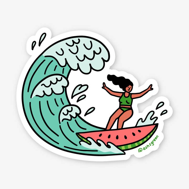 Watermelon Surfer - 3" vinyl sticker for wholesale by Ashleigh Green Studios