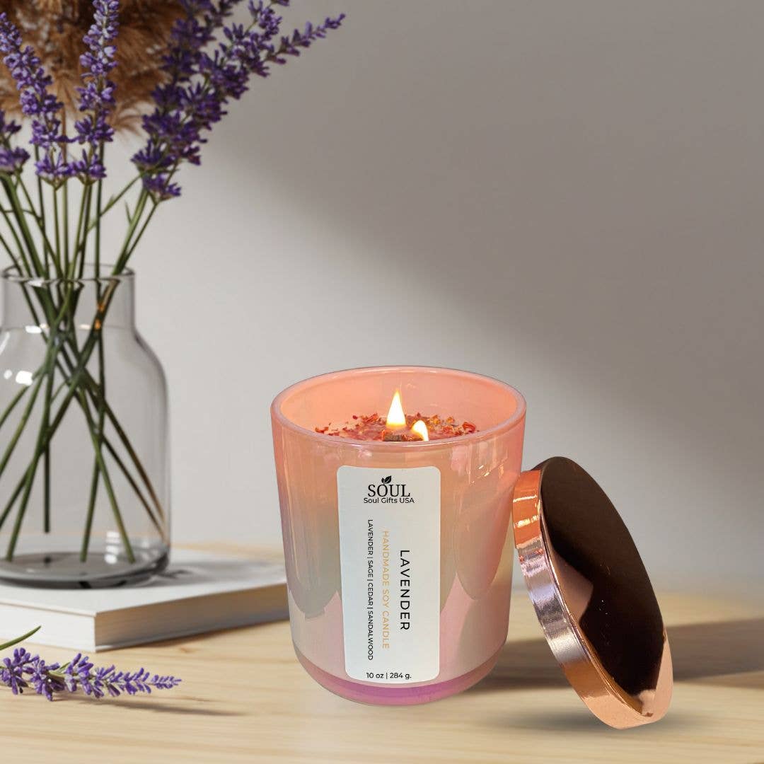 Soul Gifts USA - Wholesale Jar/Filled Candle - Soy Wax Candle in Iridescent Vessel with Petals on Top -10oz