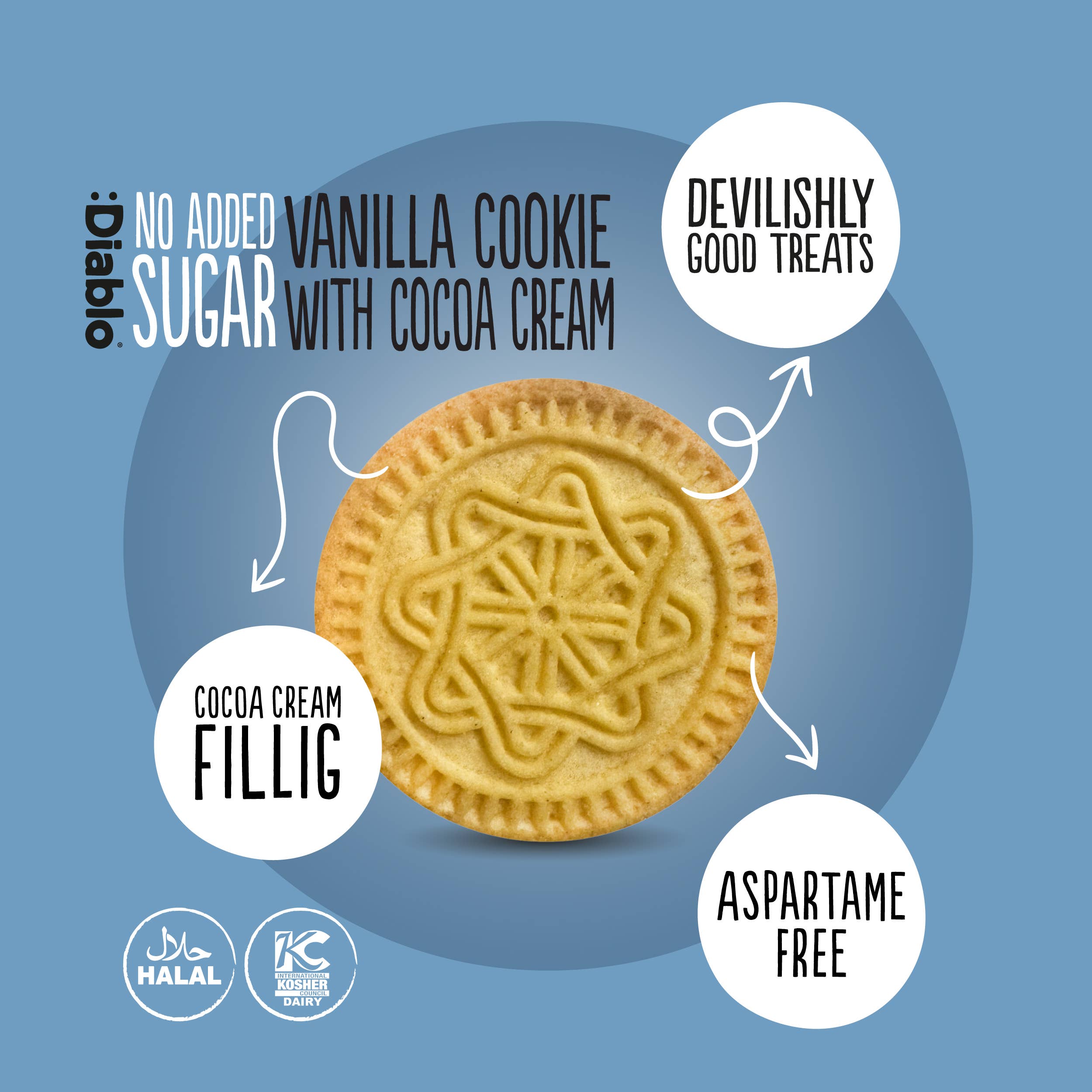 Diablo Sugar Free – Cookie por atacado – :Biscoitos sanduíche de baunilha Diablo SF com creme de cacau 176g2