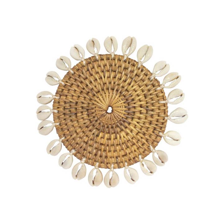 Bali Harvest – wholesale Underlägg – Rotting Glasunderlägg med Cowrie skal - brun Boho halm Raffia
