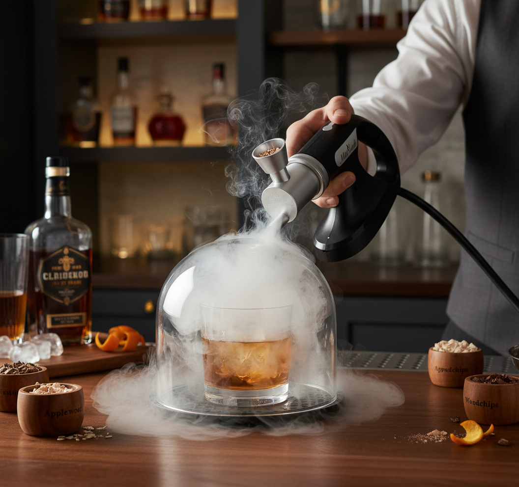 Kadra Kitchenware - Vente Appareils électroménagers - Fumoir à cocktail électrique Mitbak avec couvercle en forme de dôme et copeaux de bois1