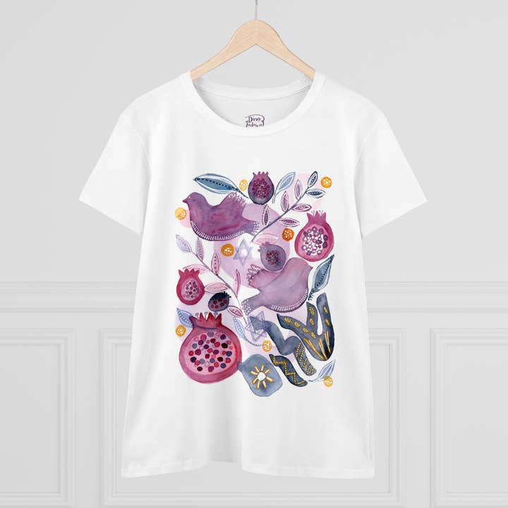 Peaceful Birds & Pomegranates Women's T-Shirt | Jewish Tee for wholesale by Dina Judaica
