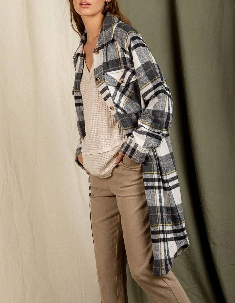 HIDDENBRAND - Wholesale Shirt Jacket/Shacket - Women's - Long Plaid Jacket With Large Lapel Pockets7