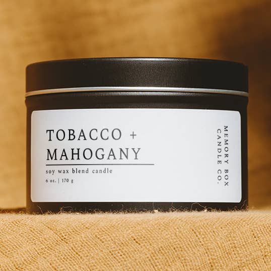Soy Candle - Tobacco + Mahogany - 6 oz. Matte Black Tin for wholesale by Memory Box Candle Co.