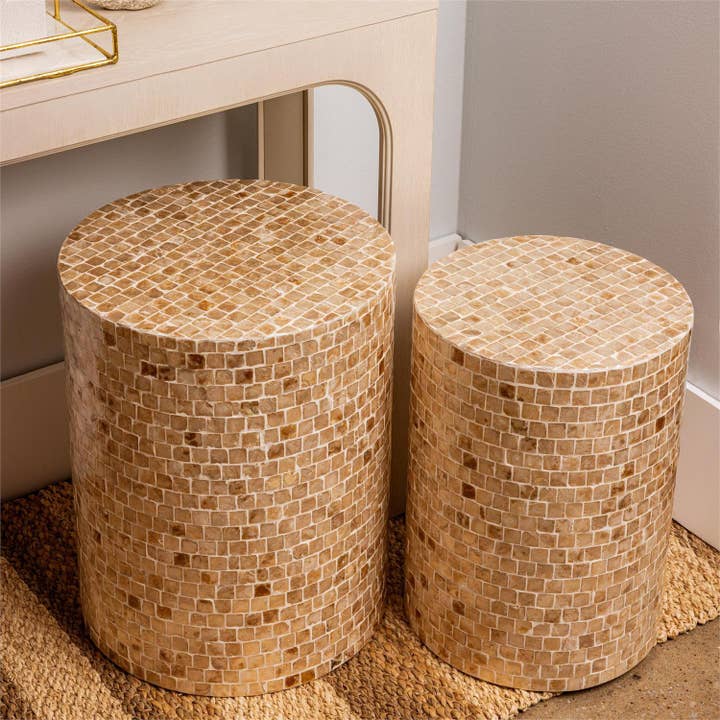 Stool - Real Mother Of Pearl Shell Mosaic (Set Of 02) for wholesale by Audrey's Home & Gift