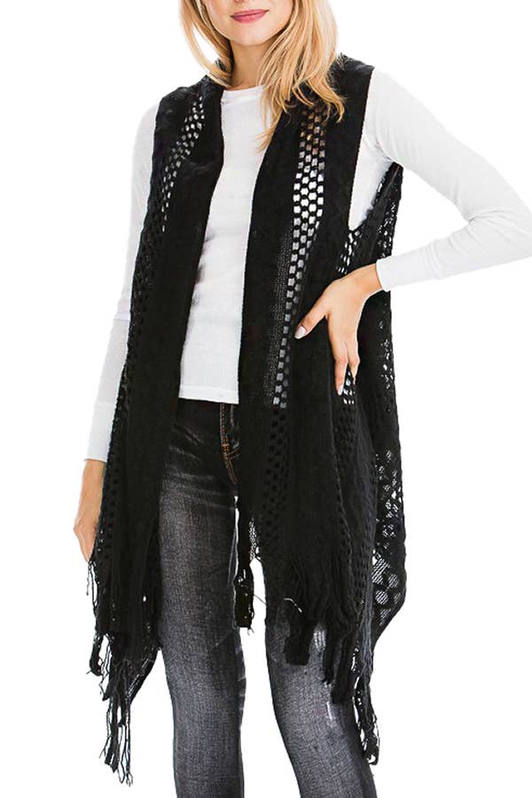 Cap Zone - Vendita all'ingrosso Gilè imbottito - Donna - Gilet lungo cardigan lavorato a maglia con frange lavorate all'uncinetto12