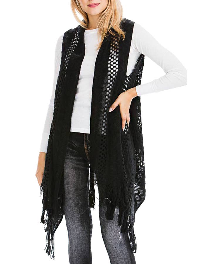 Cap Zone – Colete - Mulher por atacado – Cabo Crochet malha franja guarnição Cardigan Long Vest6