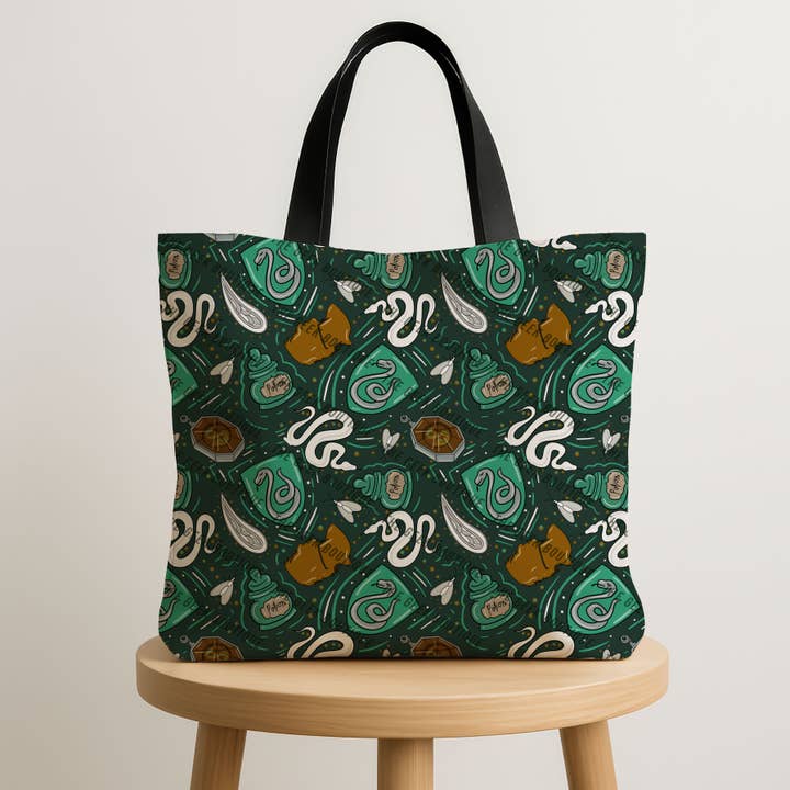 Green House Crest Wizard Magical Movie Book Zipper Tote Bag for wholesale by The Geek Boutique