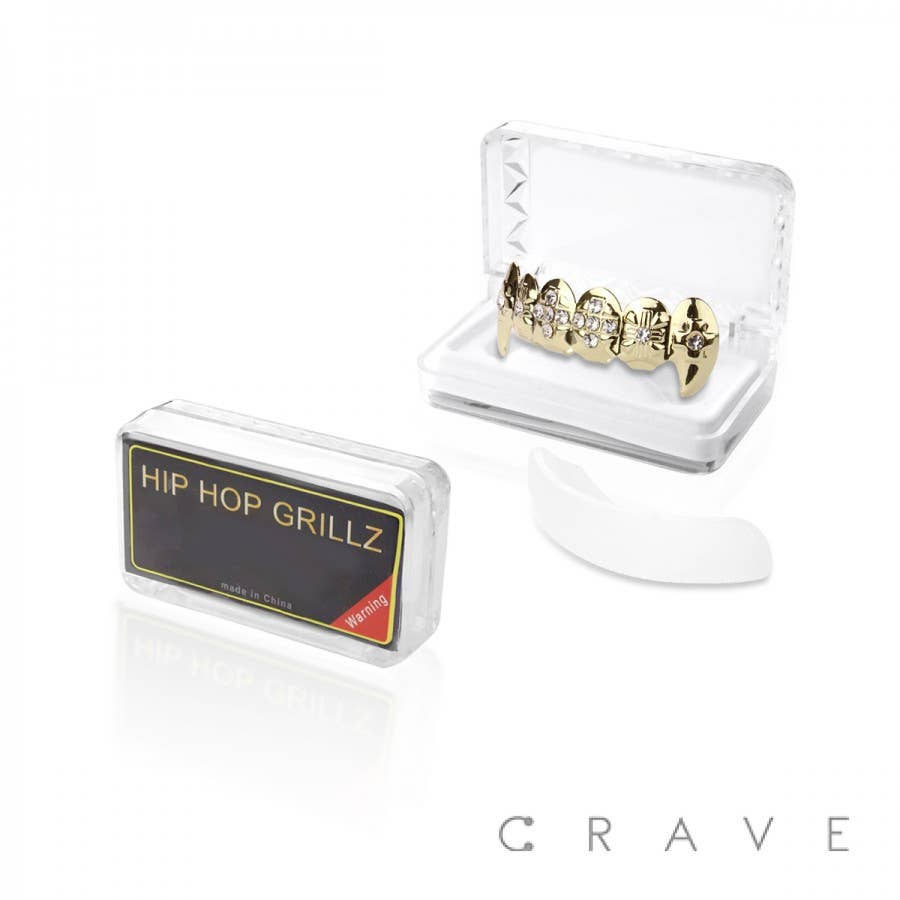 VAMPIRE GOLD PLATED 6 TEETH TOP HIP HOP BLING GRILLZ(GR032) for wholesale on Faire1