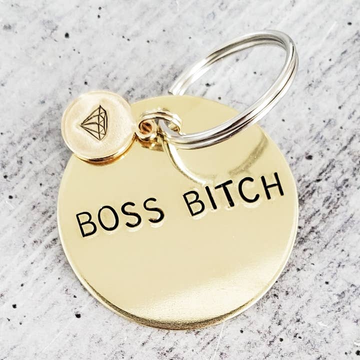 BOSS BITCH Brass Key Chain with diamond emoji for wholesale by Salt and Sparkle