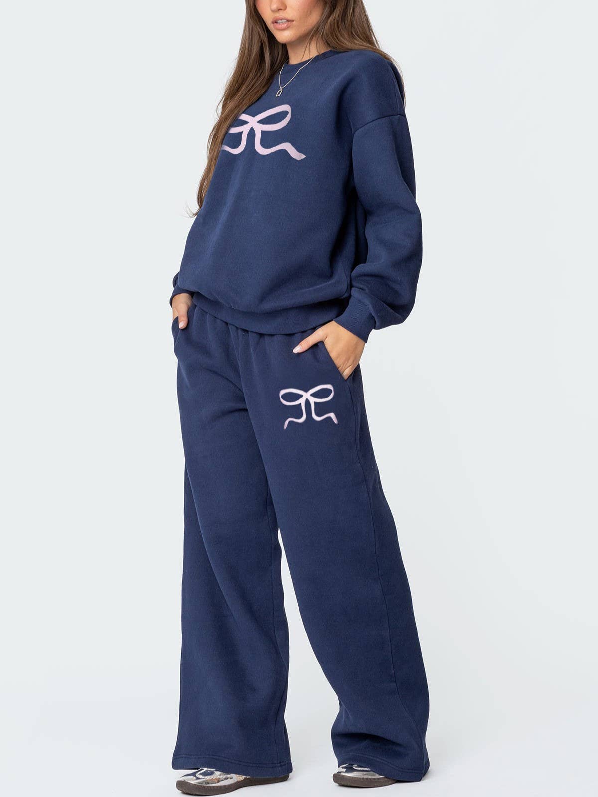 HIDDENBRAND - Wholesale Top & Pant Set (NOT Loungewear) - Women's - Bow Ribbon Print Sweatshirt Trousers Set4